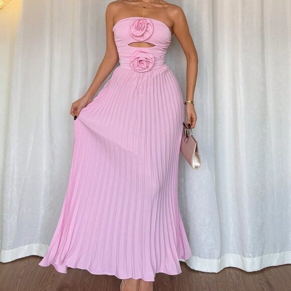 Pink Elegant Women's Strapless Minimalistic Casual Dress - Picture 4 of 6